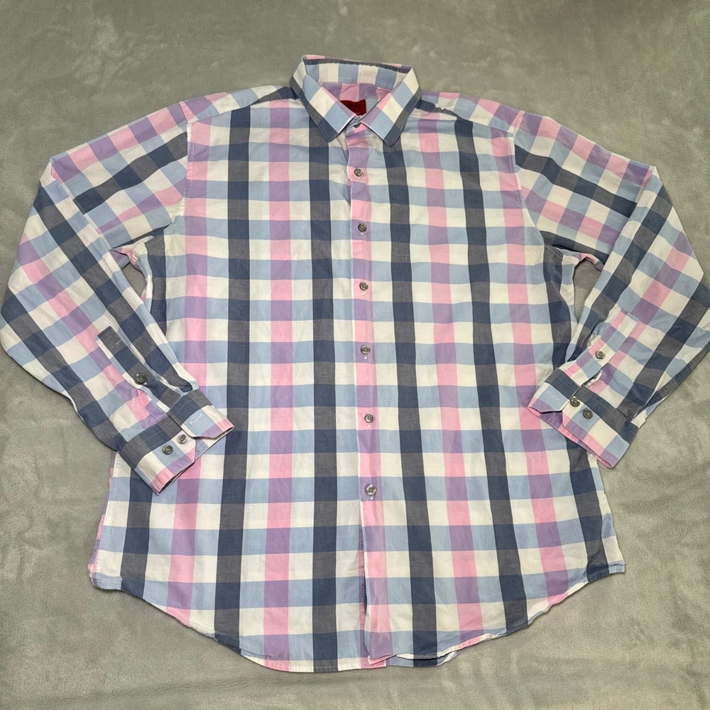 Alfani Men's Slim Fit Stretch Button Down Shirt Pink Blue Plaid Size L 16-16.5